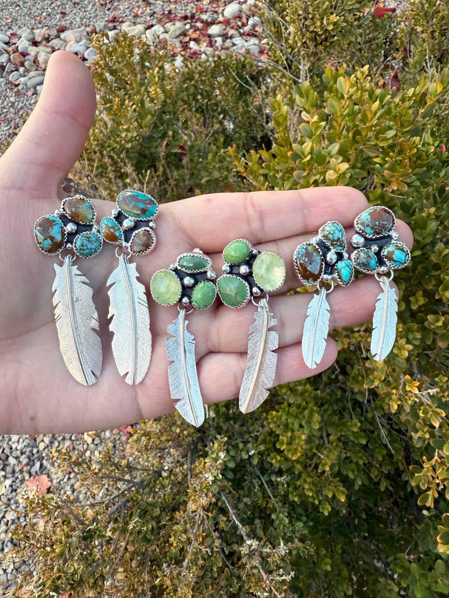 Moss Agate & Turquoise Medium Feather Earrings