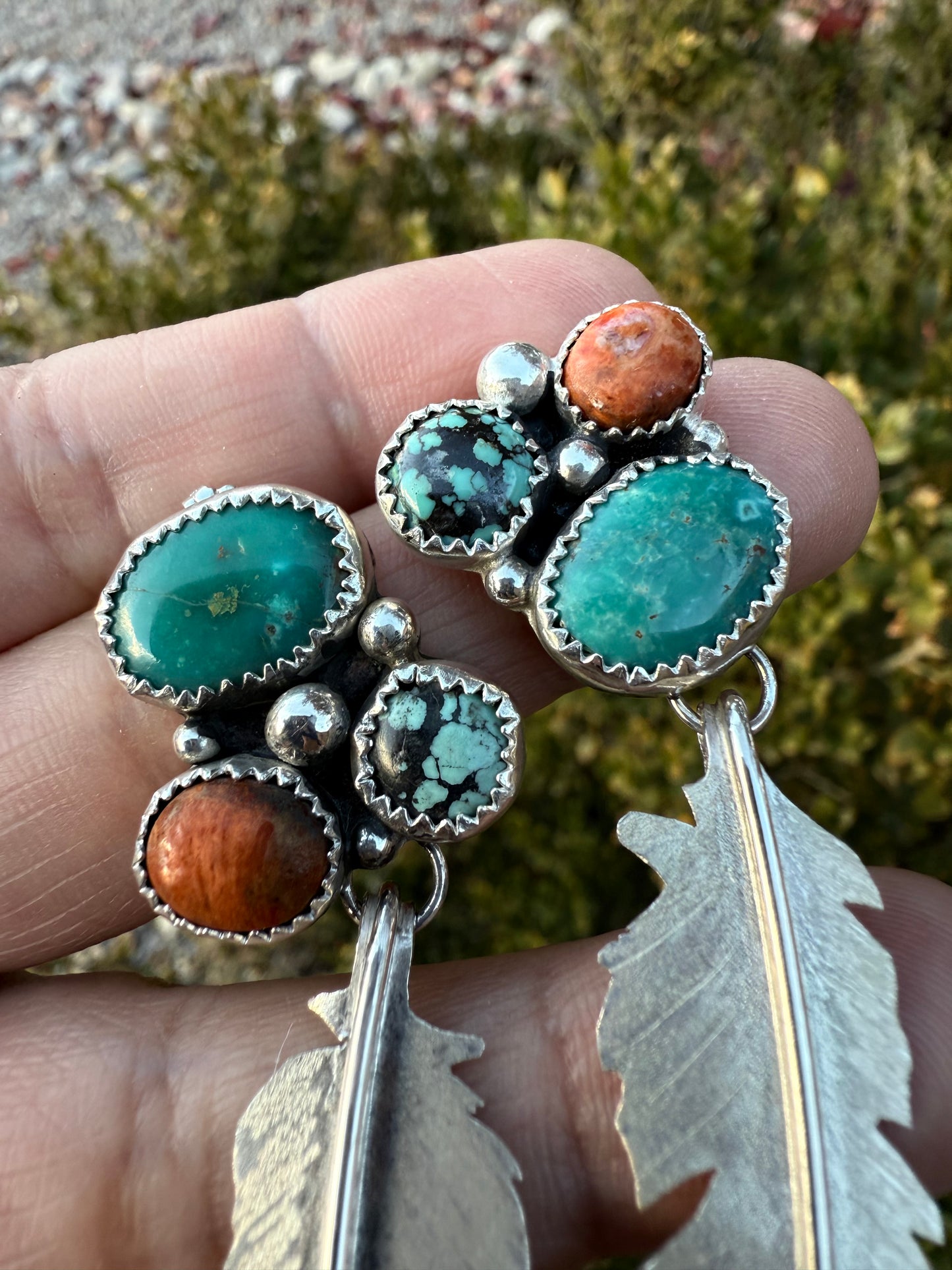 Turquoise & Coral Large Feather Earrings