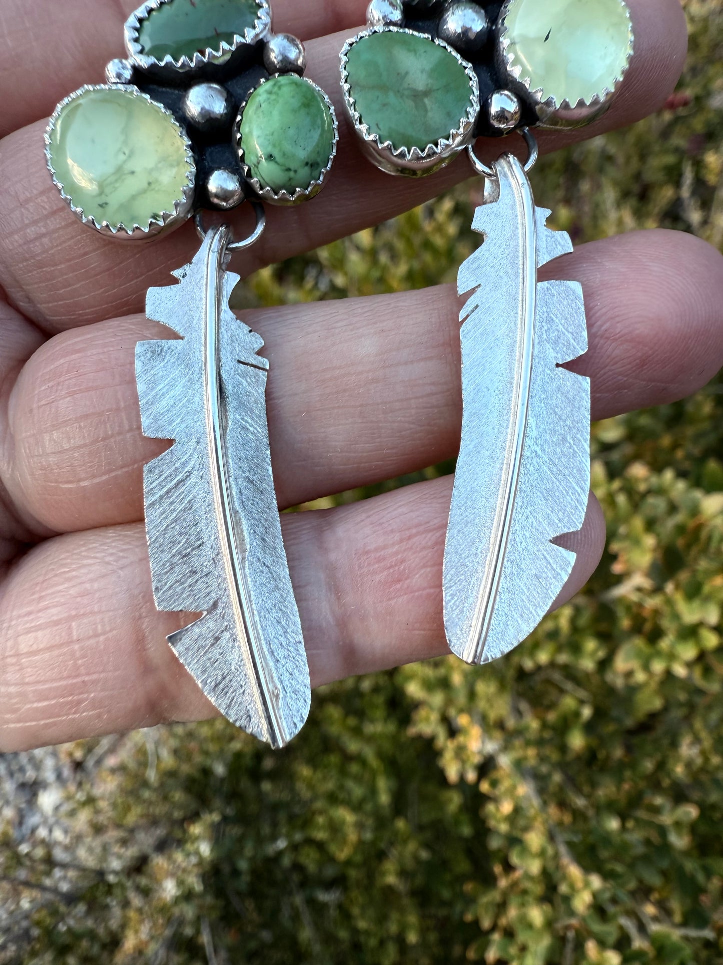 Moss Agate & Turquoise Medium Feather Earrings