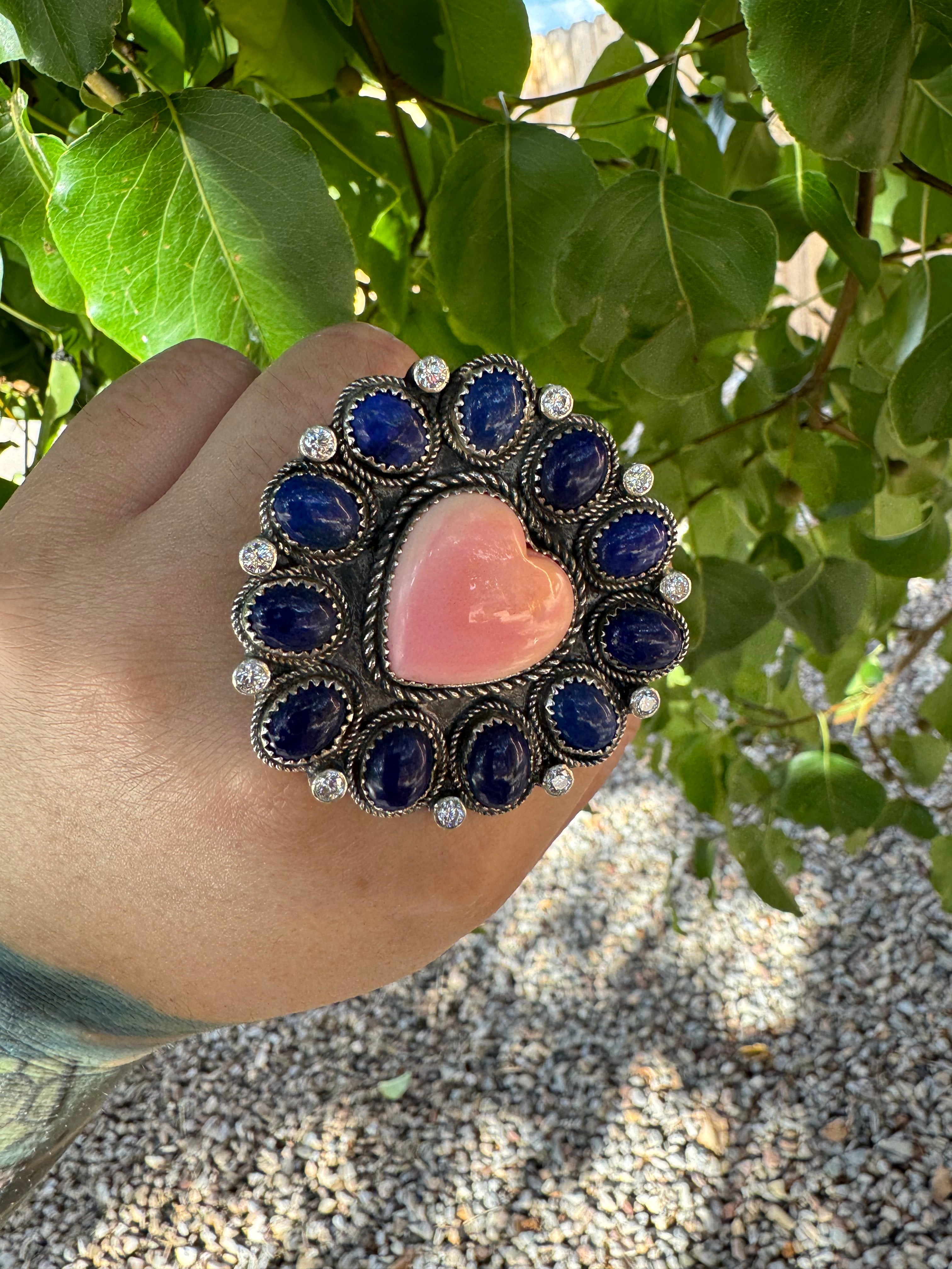 Lapis Lazuli & Pink Conch Heart Ring (Adjustable sz8-14)