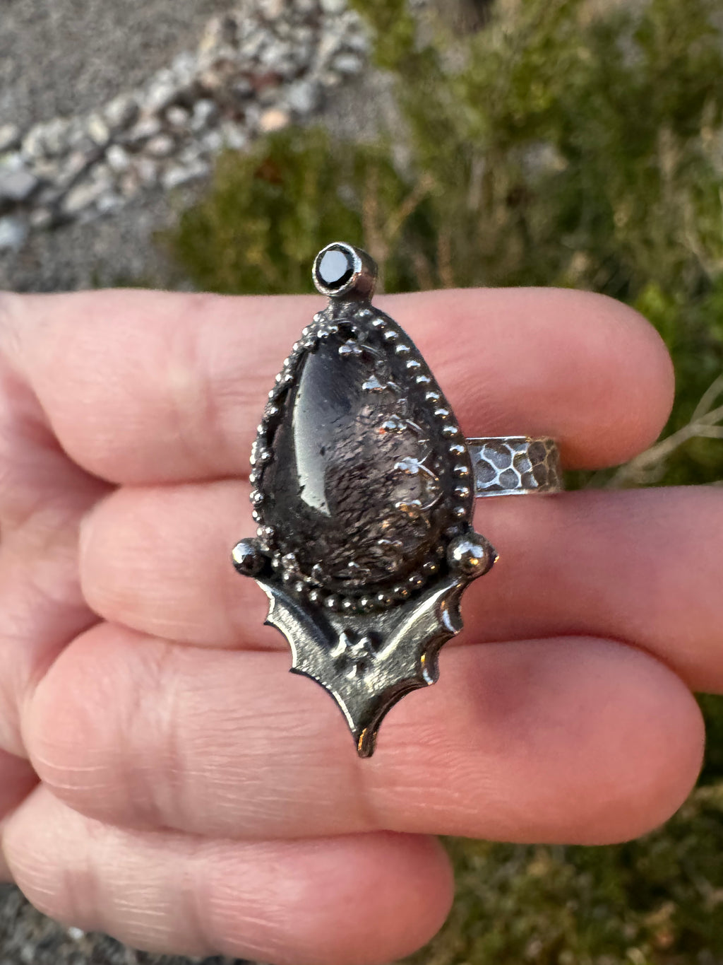 Black Tourmaline Bat Ring (Adjustable Size 4-6)