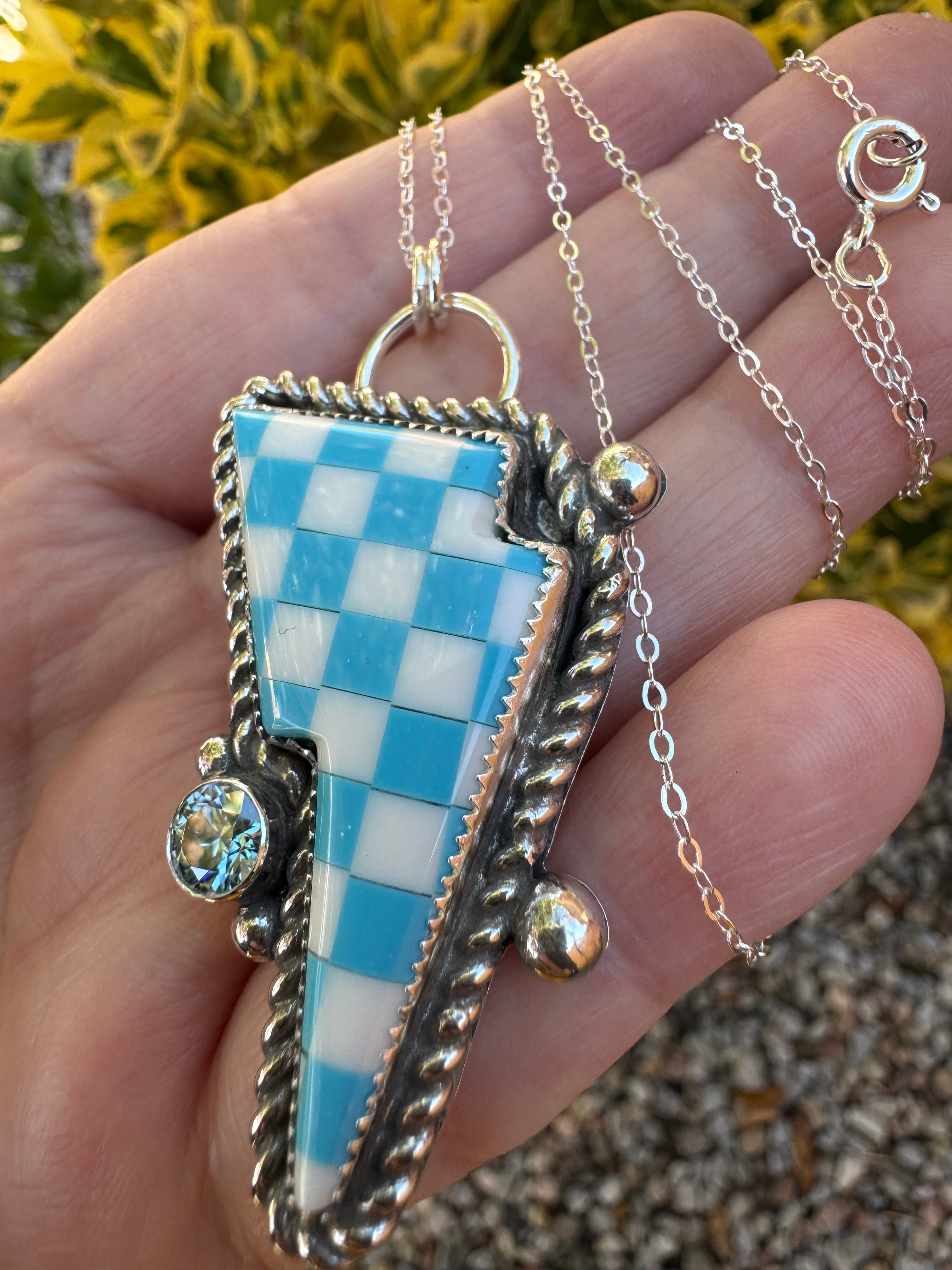 Turquoise Blue Moissanite Bolt Necklace