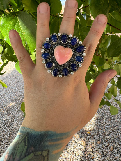 Lapis Lazuli & Pink Conch Heart Ring (Adjustable sz8-14)
