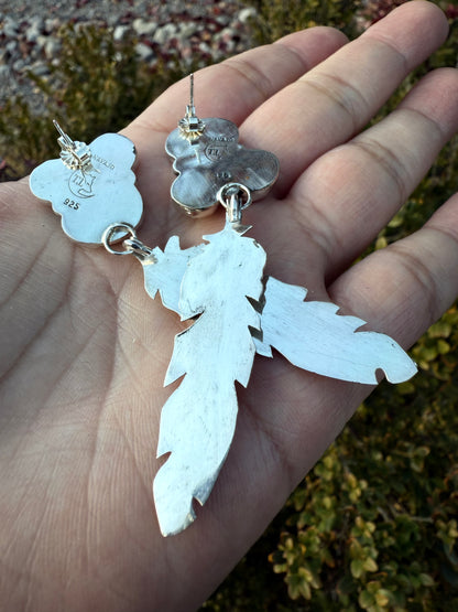 Turquoise & Coral Large Feather Earrings