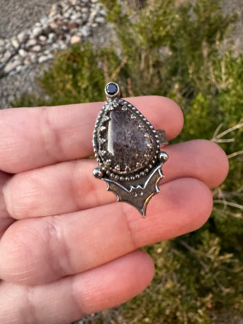 Black Tourmaline Bat Ring (Adjustable Size 4-6)