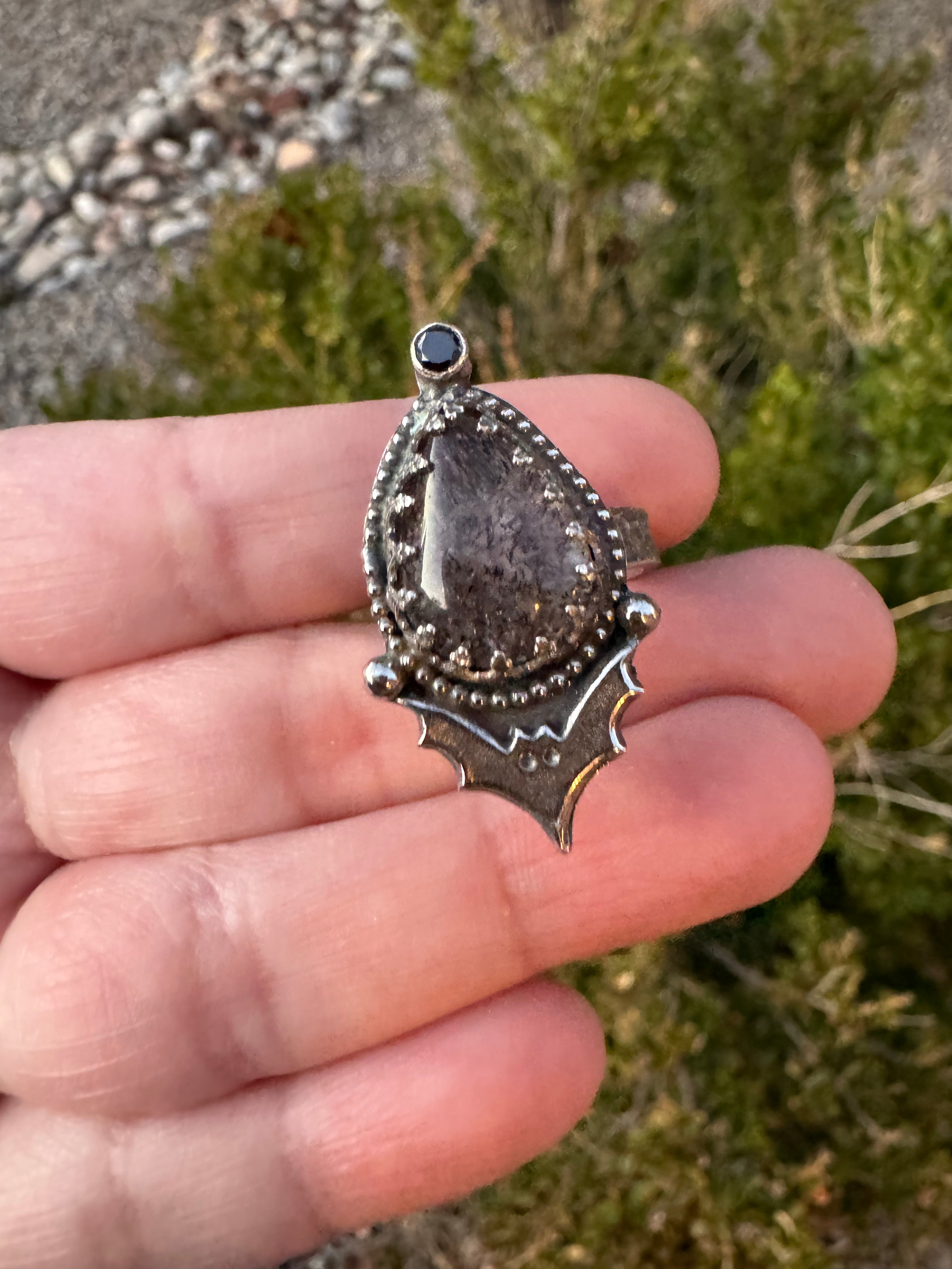 Black Tourmaline Bat Ring (Adjustable Size 4-6)