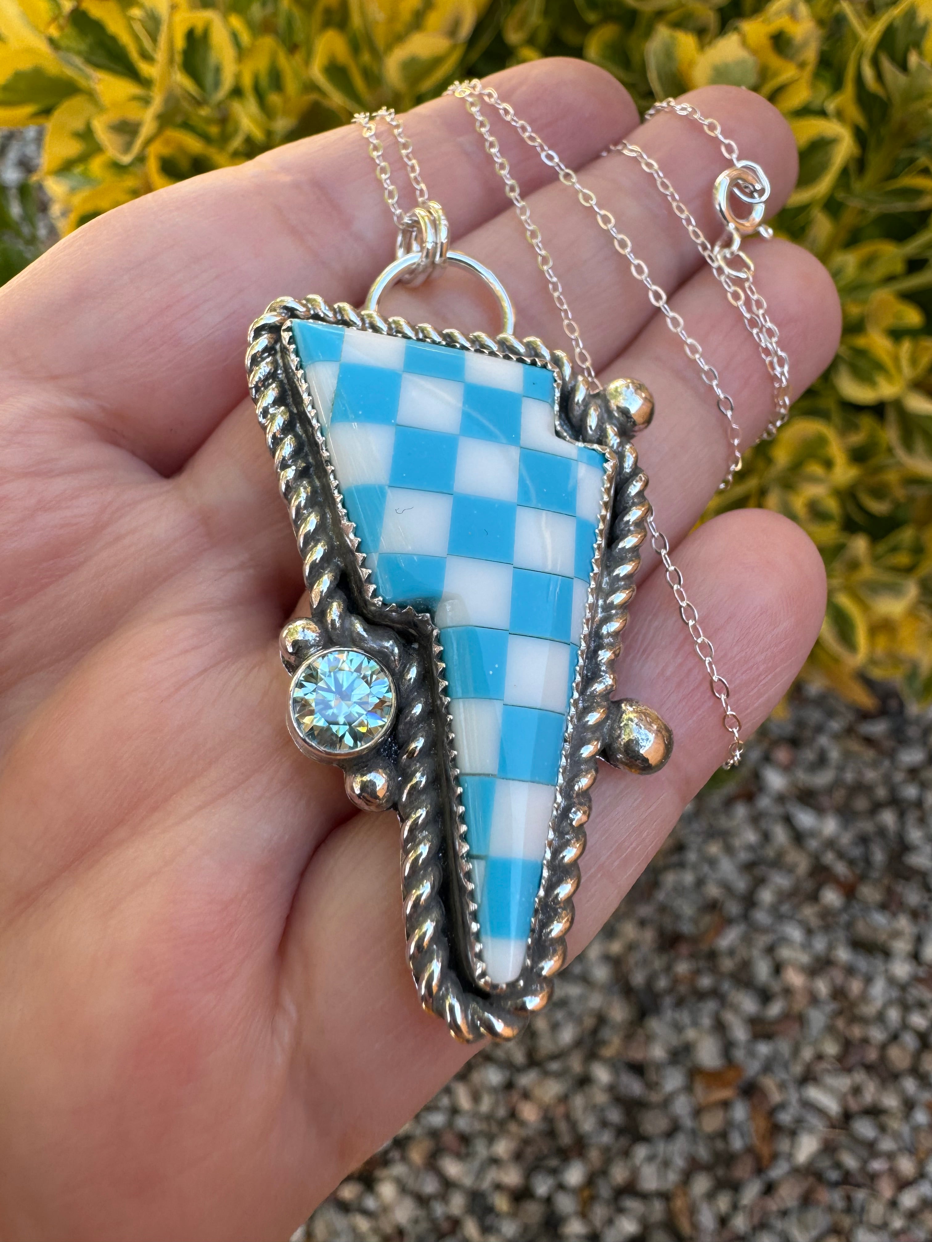 Turquoise Blue Moissanite Bolt Necklace