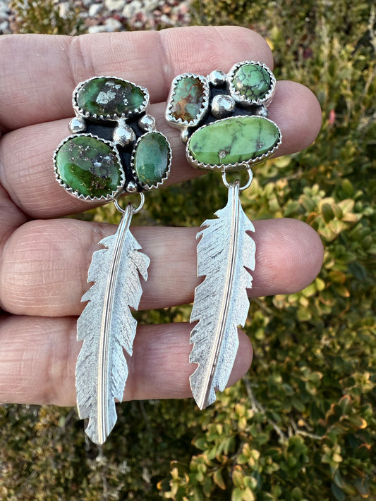 Green Turquoise Medium Feather Earrings
