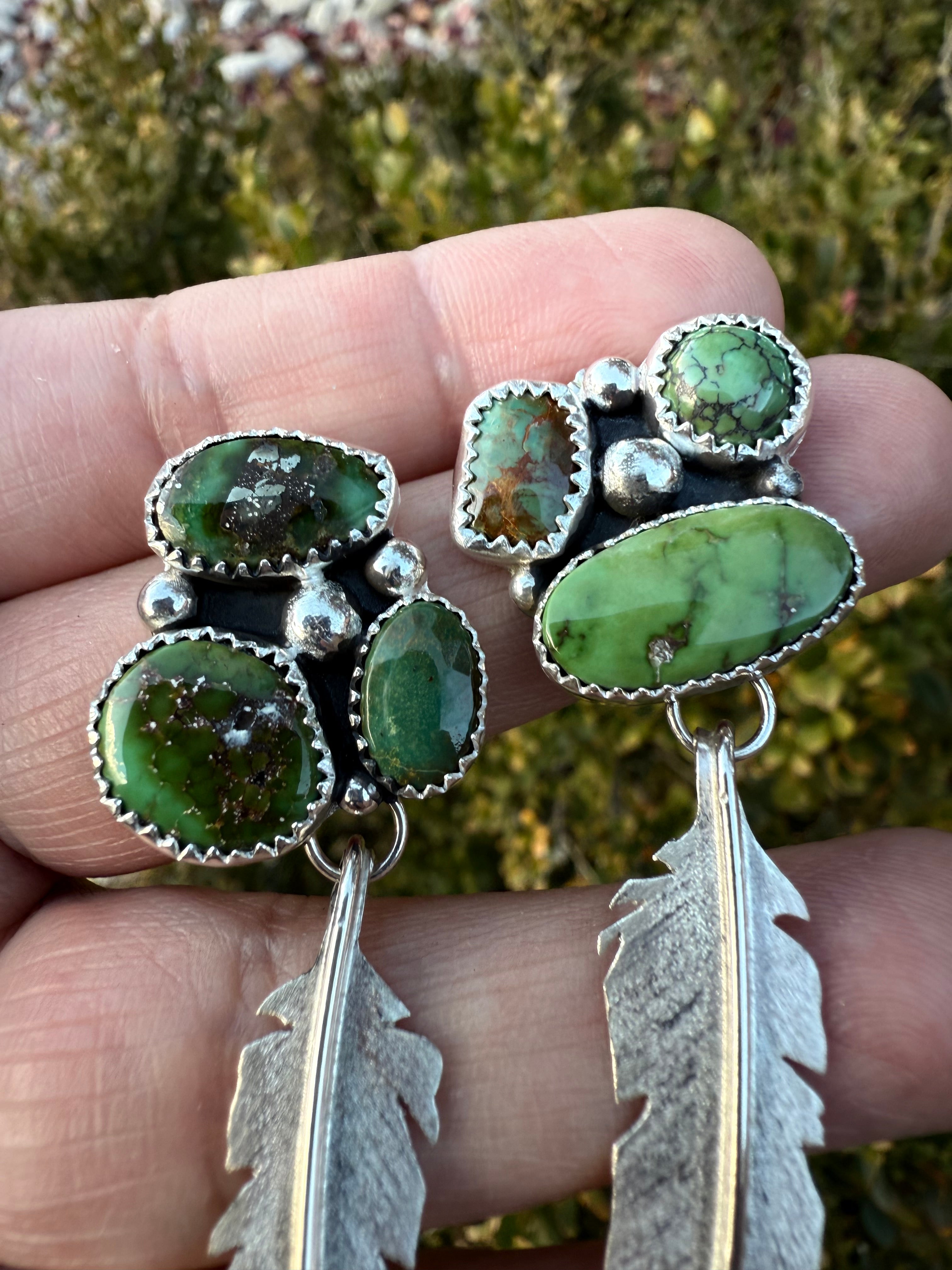 Green Turquoise Medium Feather Earrings