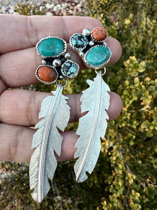Turquoise & Coral Large Feather Earrings