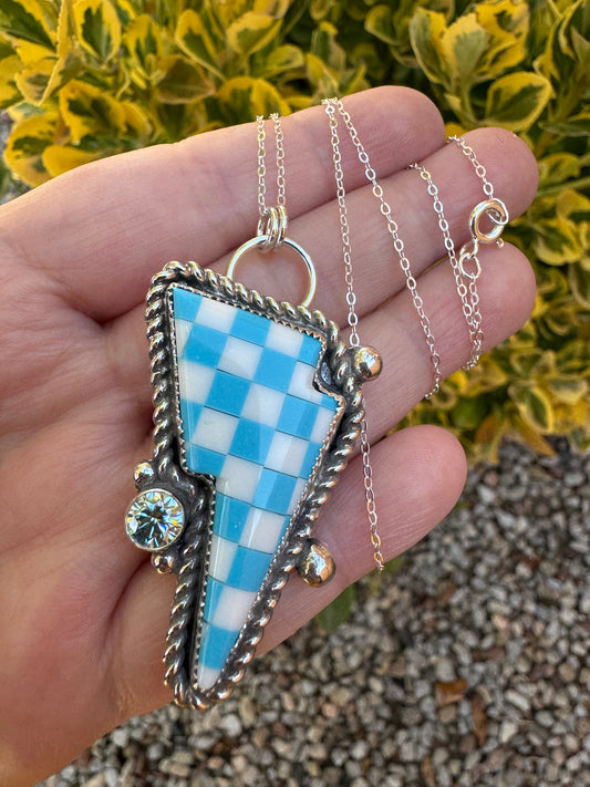 Turquoise Blue Moissanite Bolt Necklace