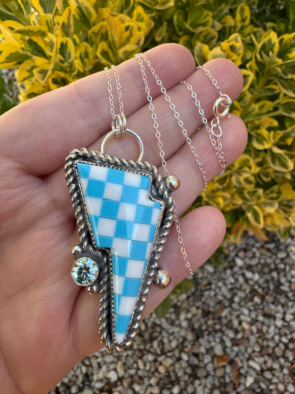 Turquoise Blue Moissanite Bolt Necklace