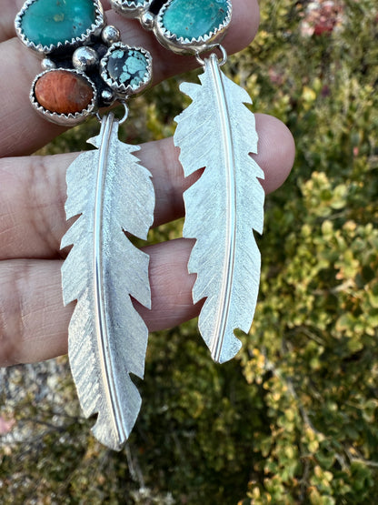 Turquoise & Coral Large Feather Earrings