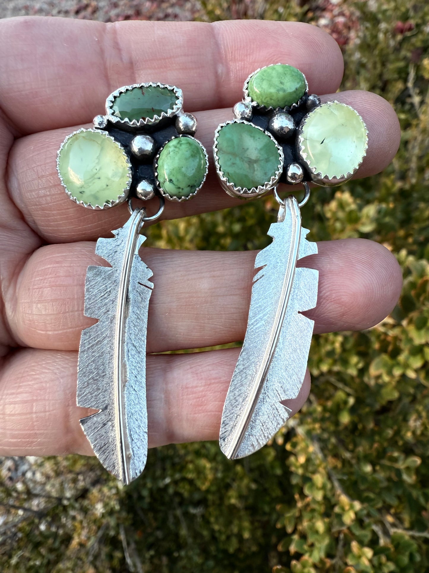 Moss Agate & Turquoise Medium Feather Earrings