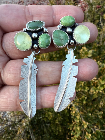 Moss Agate & Turquoise Medium Feather Earrings