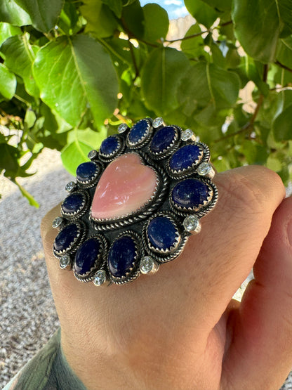 Lapis Lazuli & Pink Conch Heart Ring (Adjustable sz8-14)