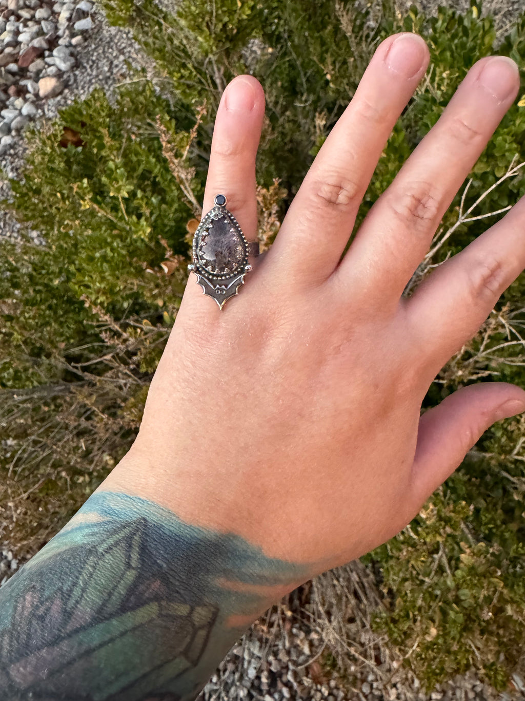 Black Tourmaline Bat Ring (Adjustable Size 4-6)