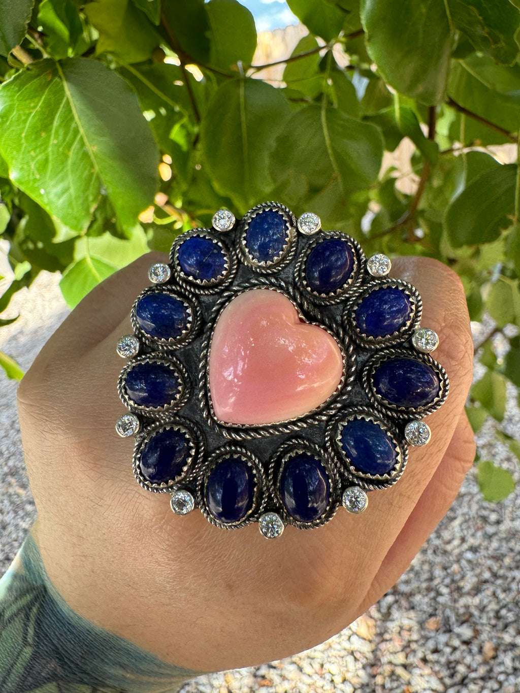 Lapis Lazuli & Pink Conch Heart Ring (Adjustable sz8-14)