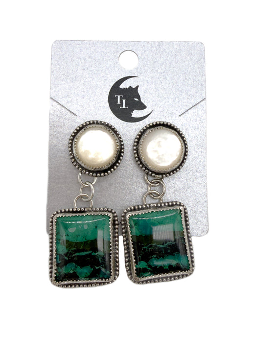 Malachite, Azurite + Pearl Earrings